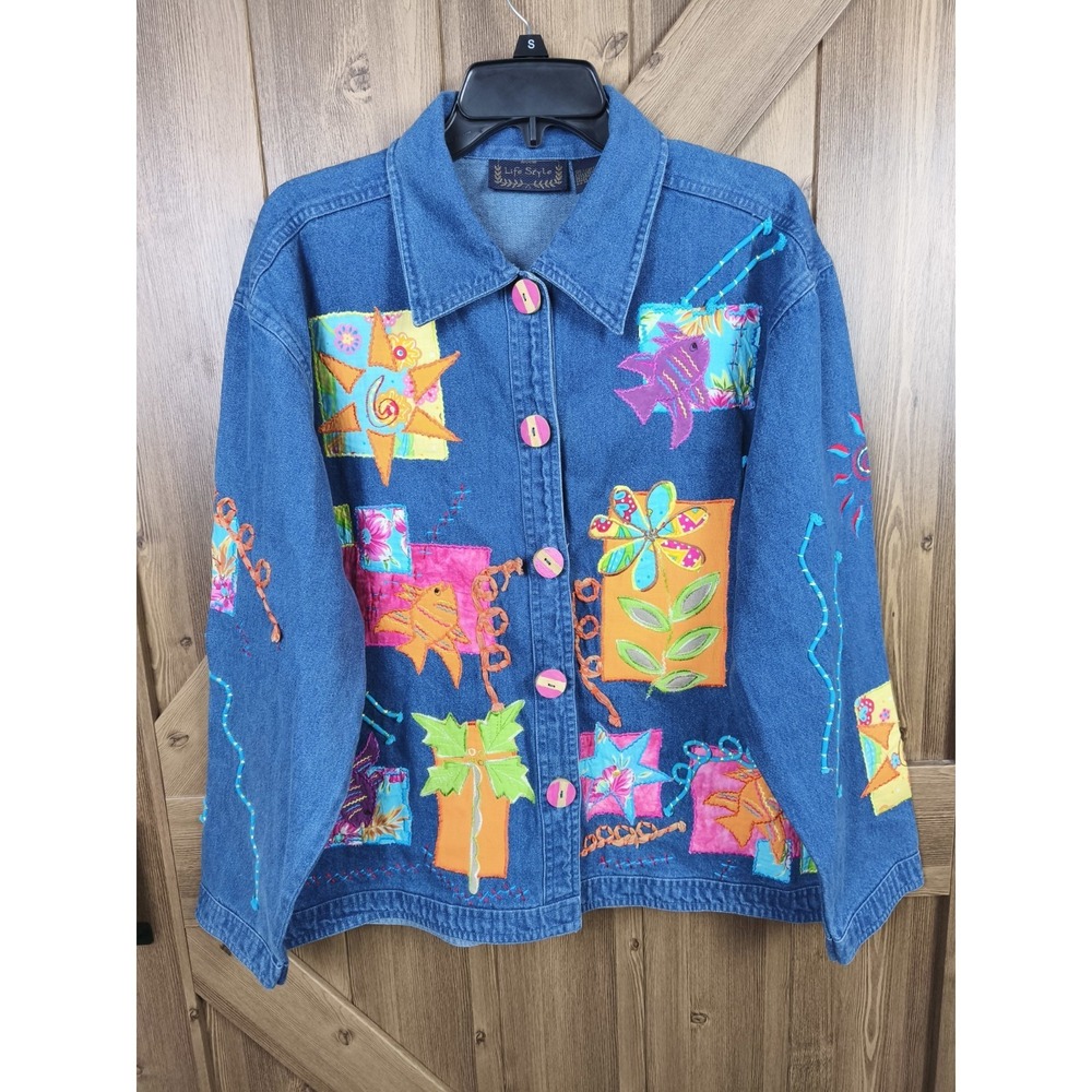 Vintage Patchwork Art Denim Jacket Colorful Boho Womens Large